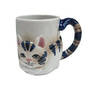 Pier 1 Handpainted  3D Cat Mug‎ With Tail Handle